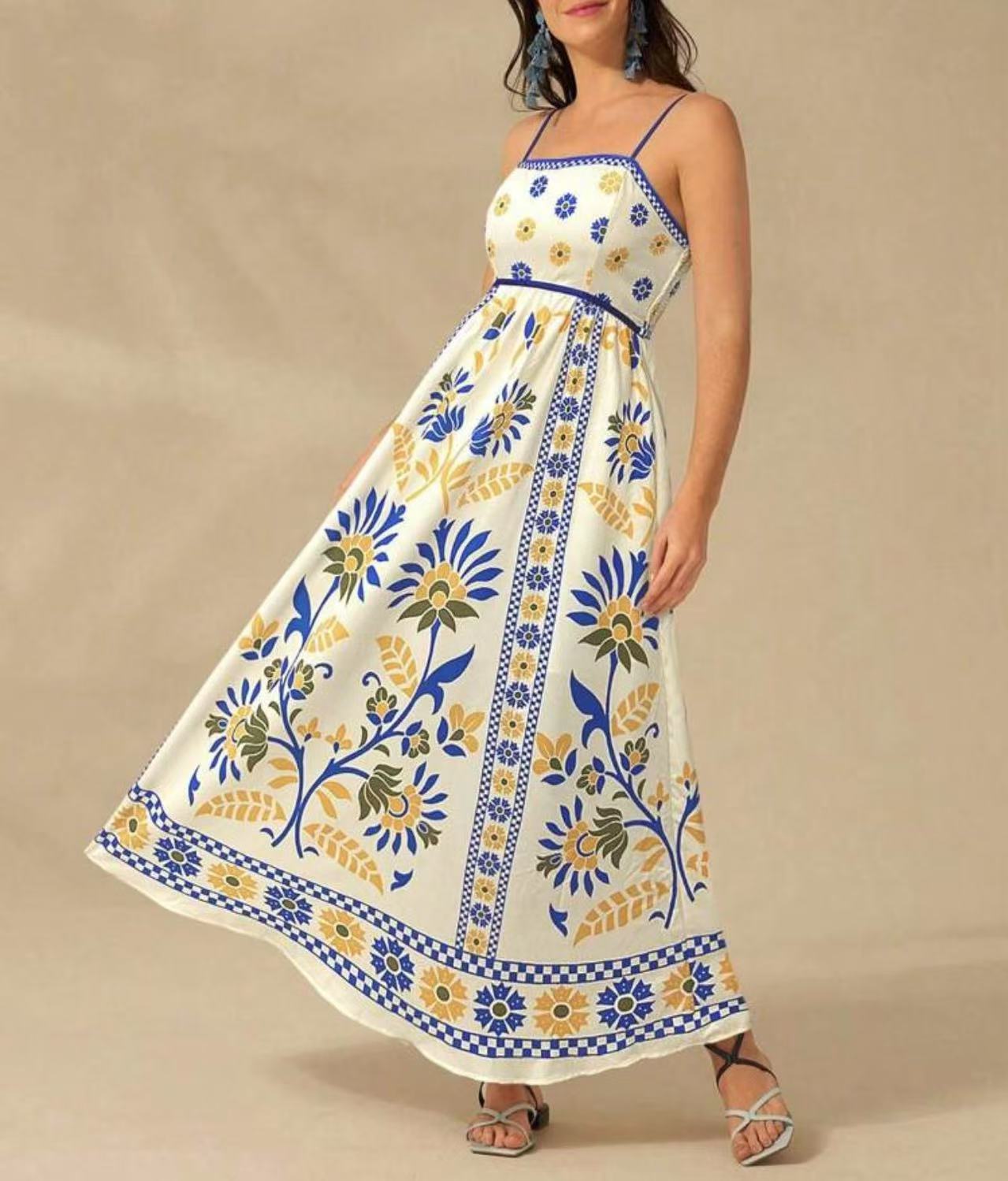 Printing Slip Dress Vacation Style - Yellow Blue Variegated / L - Other