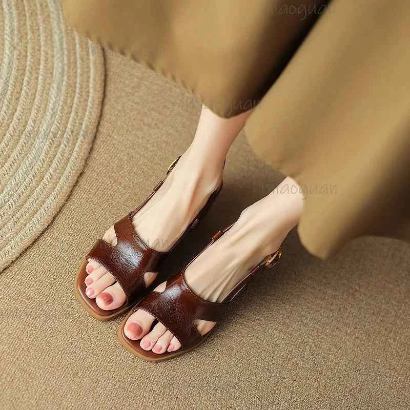 PU Leather Shoes Women Mid Heel Square Toe Casual
