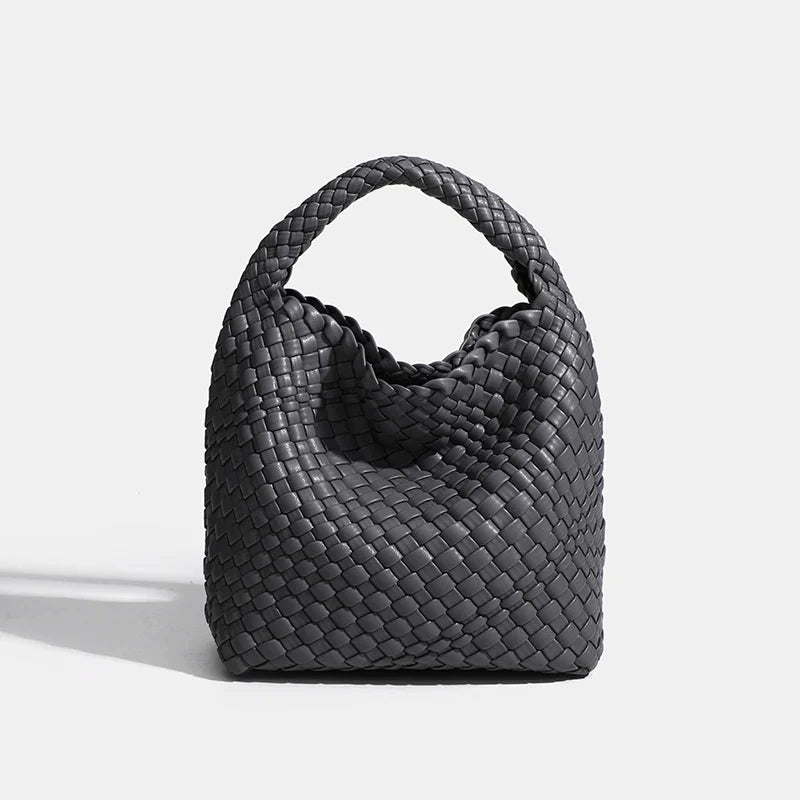 PU Small size Hand-woven Bucket Bag High Quality - Dark gray / 22cmx22cmx11cm / CHINA