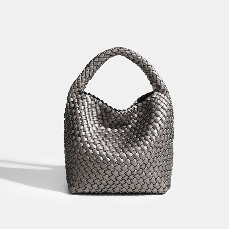 PU Small size Hand-woven Bucket Bag High Quality - Dark silver / 22cmx22cmx11cm / CHINA