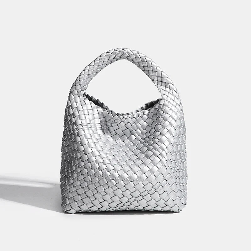 PU Small size Hand-woven Bucket Bag High Quality - Silver / 22cmx22cmx11cm / CHINA