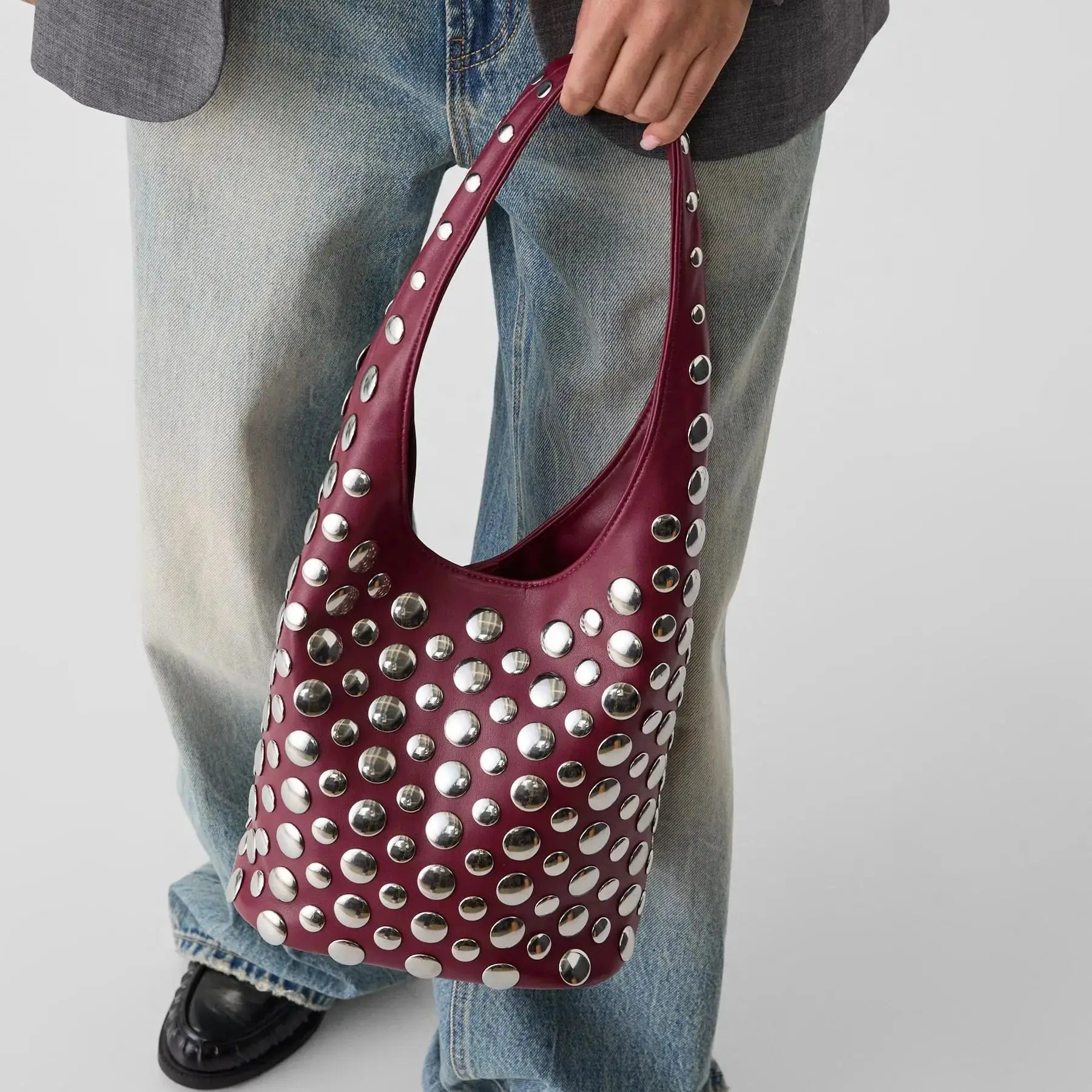 Punk Style Embellished Double-Faced Round Niche Bucket Bag