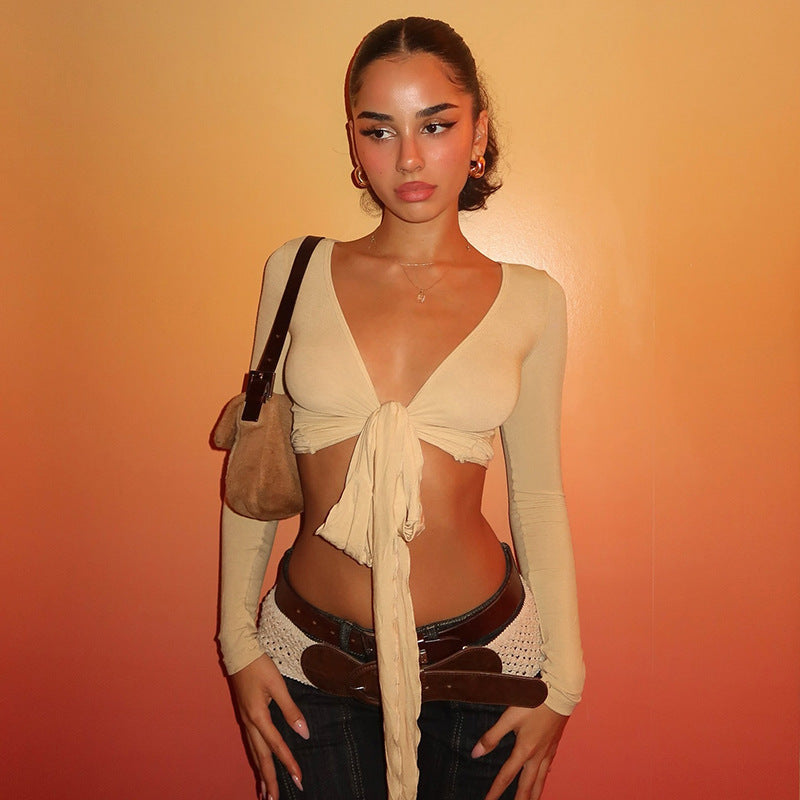 Pure Desire Strap Long-sleeved T-shirt Deep V-neck Short Blouse