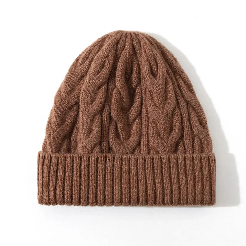 Pure Wool Cable Knit Beanies for Women - Brown / One Size