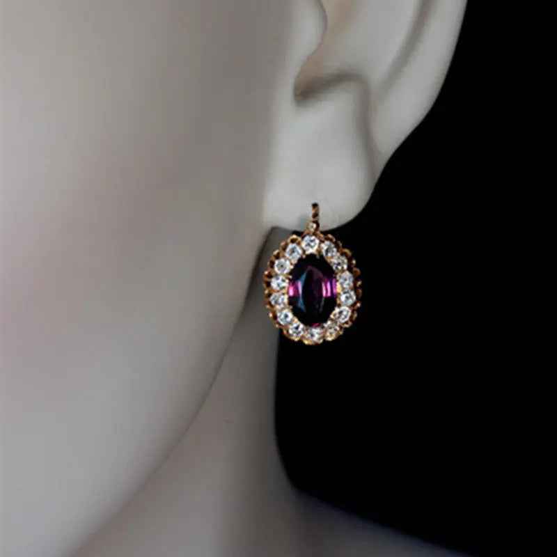 Purple Gemstone Oval Ear Hanging Earrings - Gold - electronic accessories
