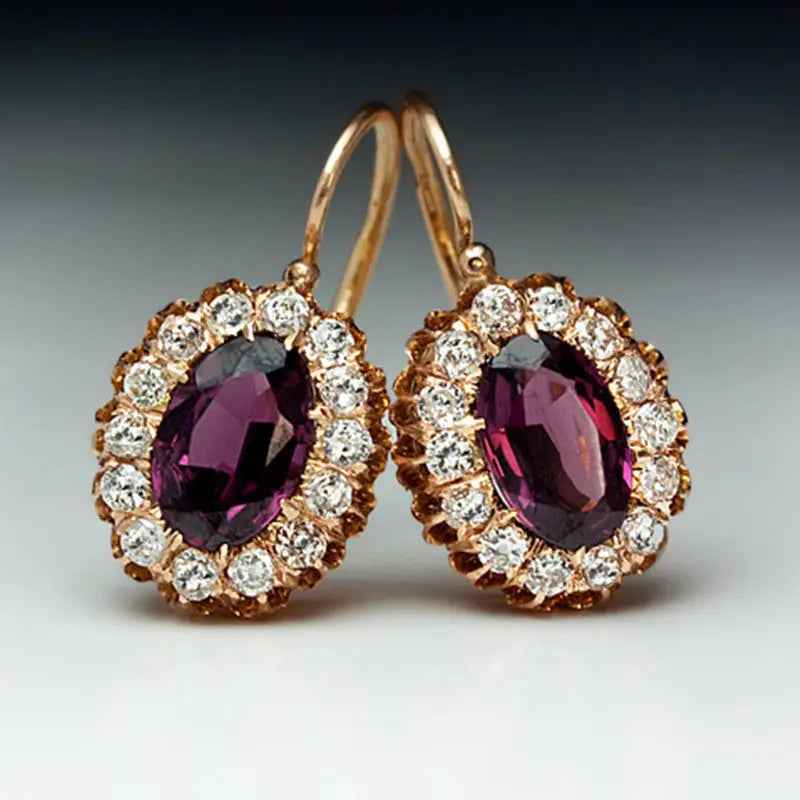 Purple Gemstone Oval Ear Hanging Earrings - Gold - electronic accessories