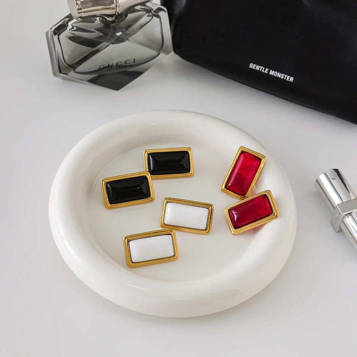 Red Agate Square Earrings Waterproof Stainless Steel