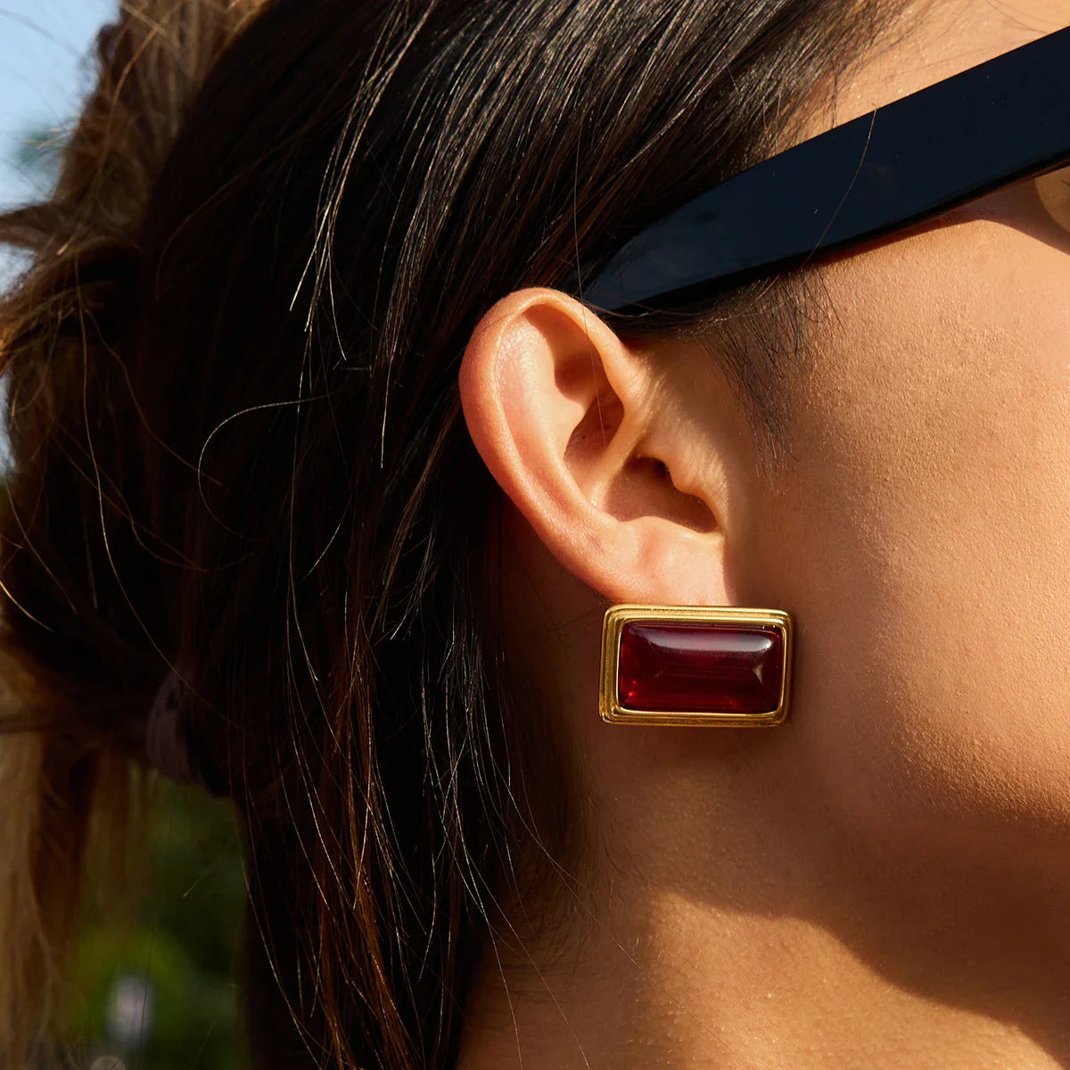 Red Agate Square Earrings Waterproof Stainless Steel