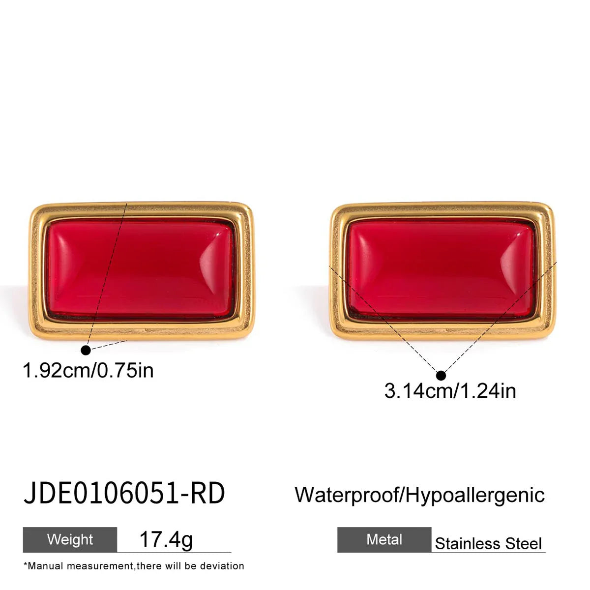 Red Agate Square Earrings Waterproof Stainless Steel - JDE0106051-RD
