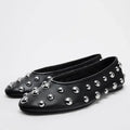Retro Black Rivet Ladies Ballet Flats Soft Leather Round Toe - black / 40