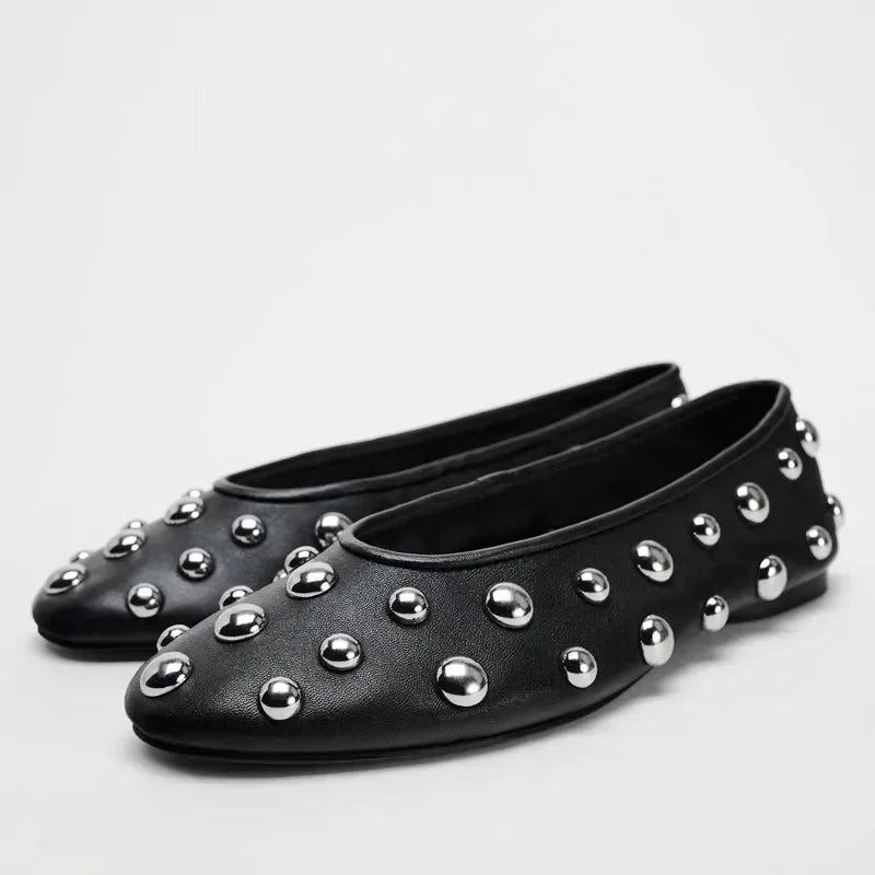 Retro Black Rivet Ladies Ballet Flats Soft Leather Round Toe - black / 40