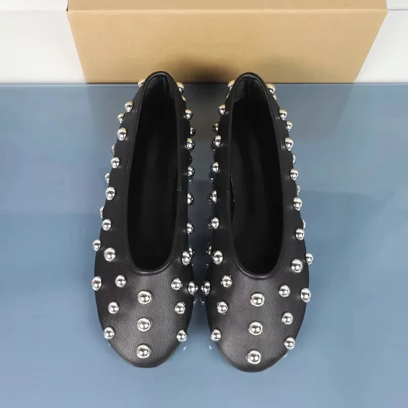 Retro Black Rivet Ladies Ballet Flats Soft Leather Round Toe