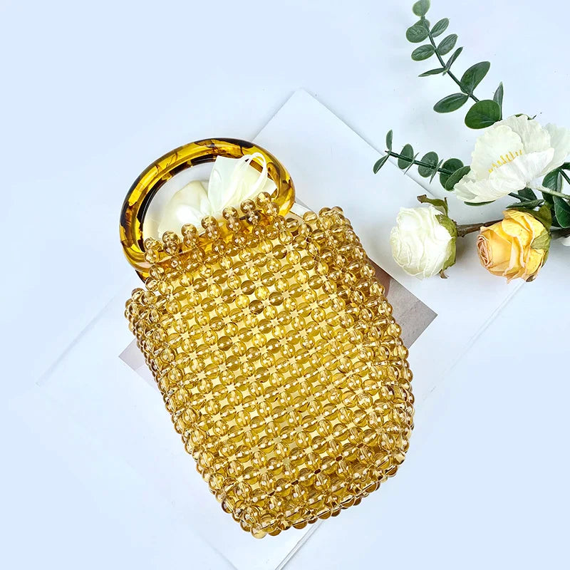 Retro Casual Hand-woven hollow Beaded Crystal Bucket Women’s Bag - Yellow