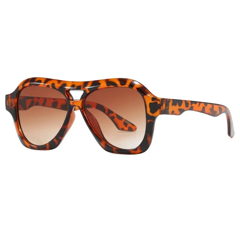 Retro Double Beam Sunglasses Women - leopard gradient tea / with pouch and cloth