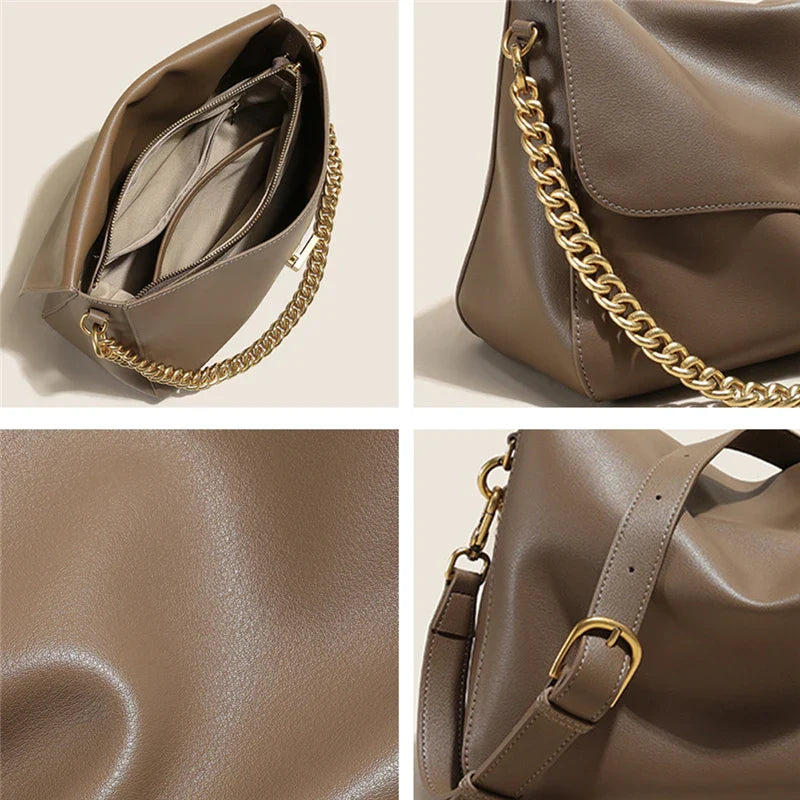Retro Genuine Leather Large Chain Shoulder Bags For Women