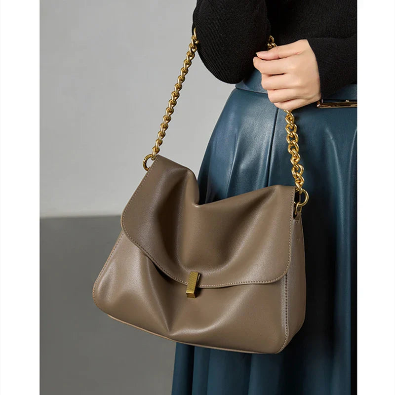 Retro Genuine Leather Large Chain Shoulder Bags For Women