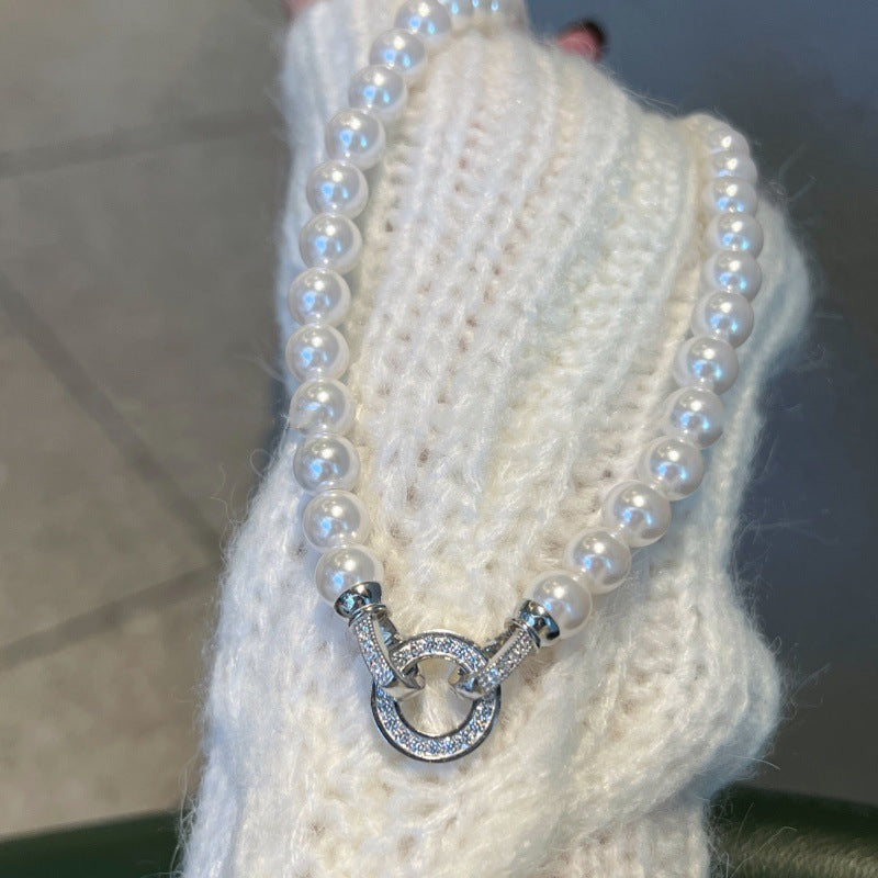 Retro Micro-inlaid Round Buckle Pearl Short Necklace - Silver 1012 - electronic accessories