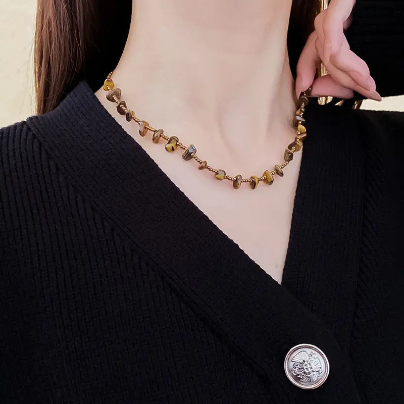 Retro Natural Tigereye Beaded Necklace For Women - Tiger Eye - electronic accessories