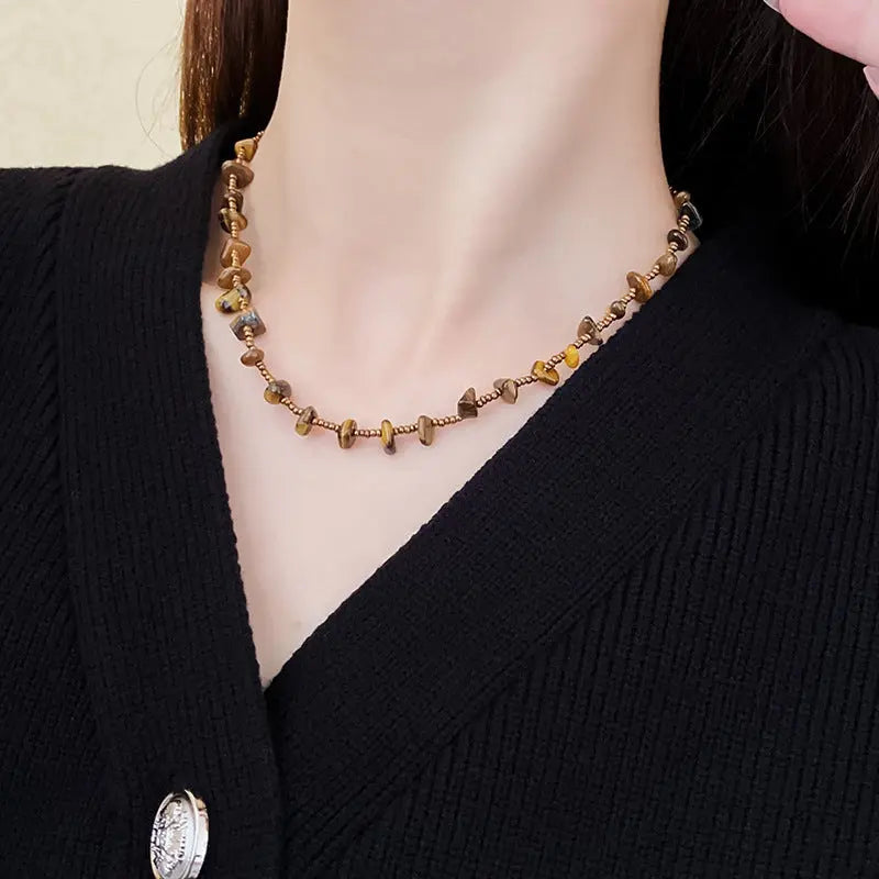 Retro Natural Tigereye Beaded Necklace For Women - Tiger Eye - electronic accessories