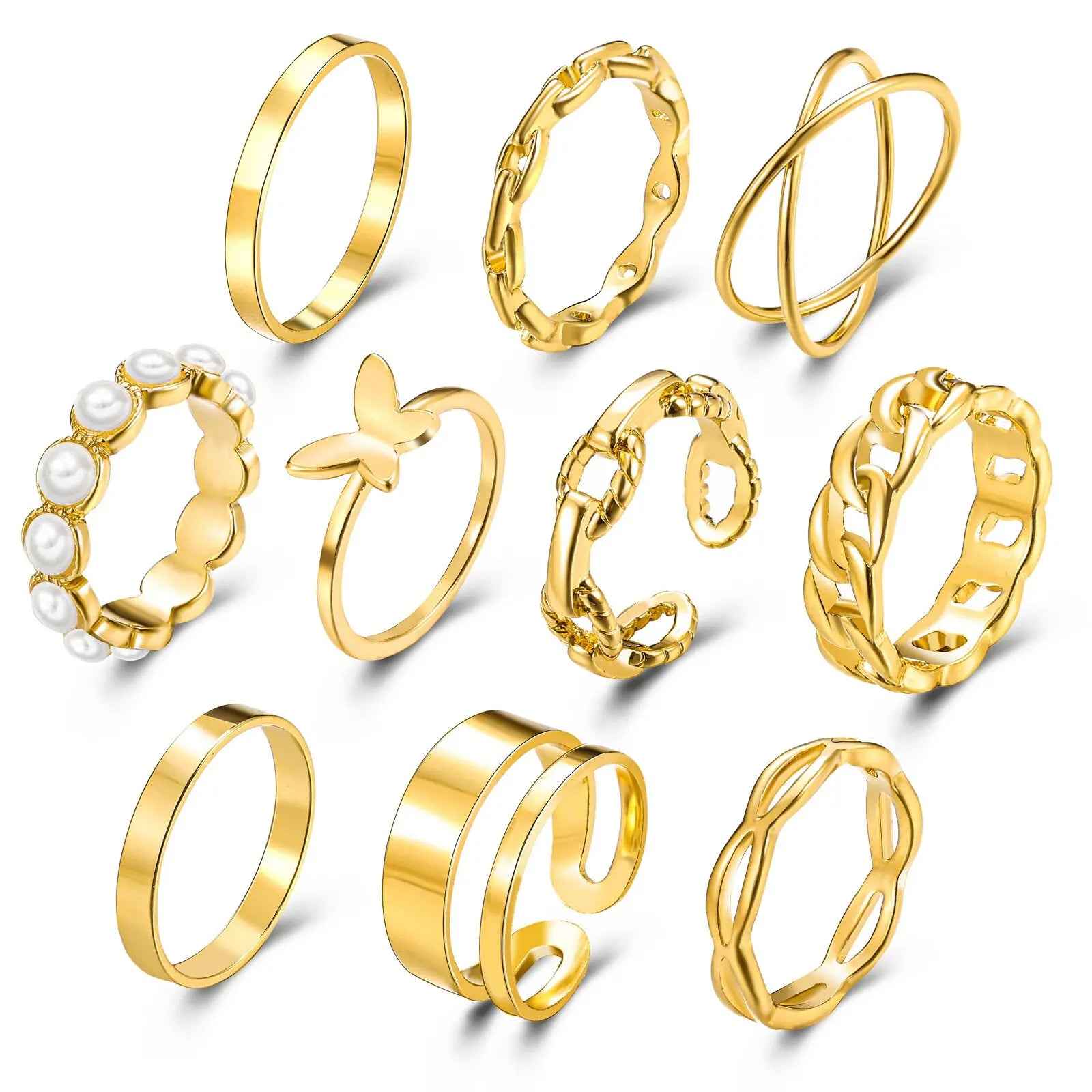 Retro  Pearl Knuckle Ring Butterfly Ring Suit 10-piece Set - Norellé