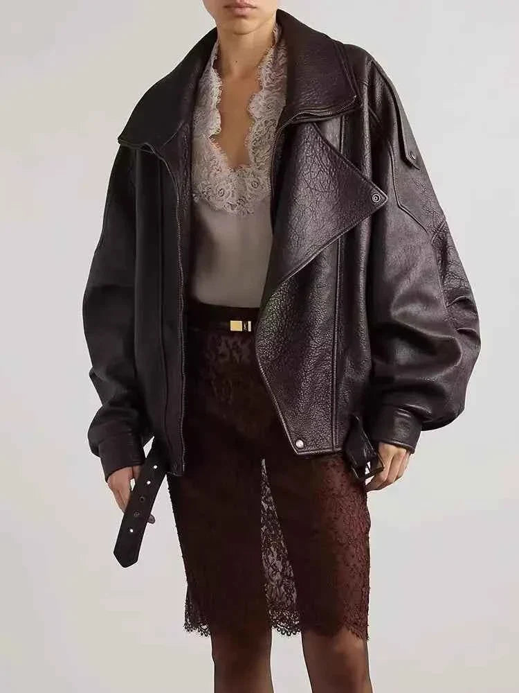 Retro PU Leather Stand Collar Jacket Women