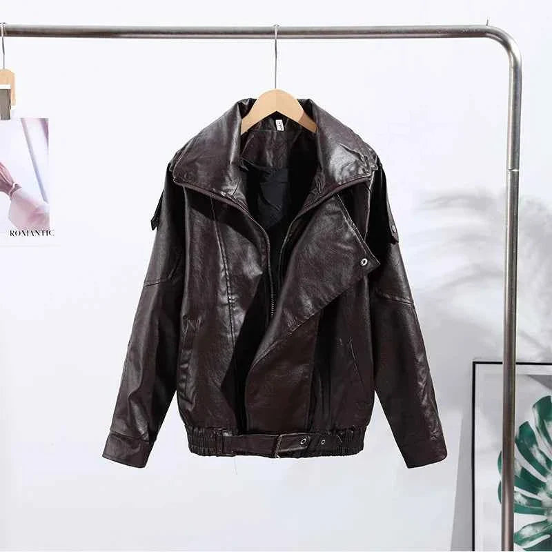 Retro PU Leather Stand Collar Jacket Women