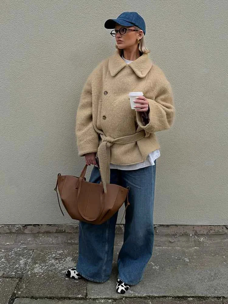 Retro Side Buttons Plush Short Coat Women