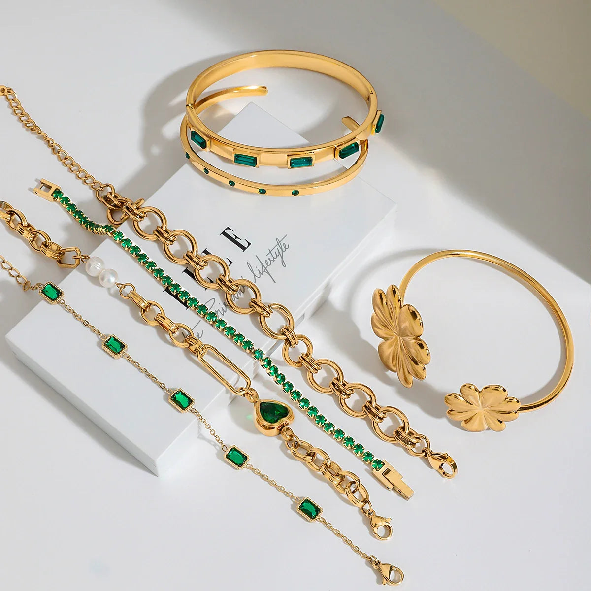 Retro Stainless Steel Green Zircon Bracelet