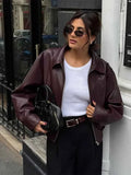 Retro Wine Red Pu Leather Short Jacket Women