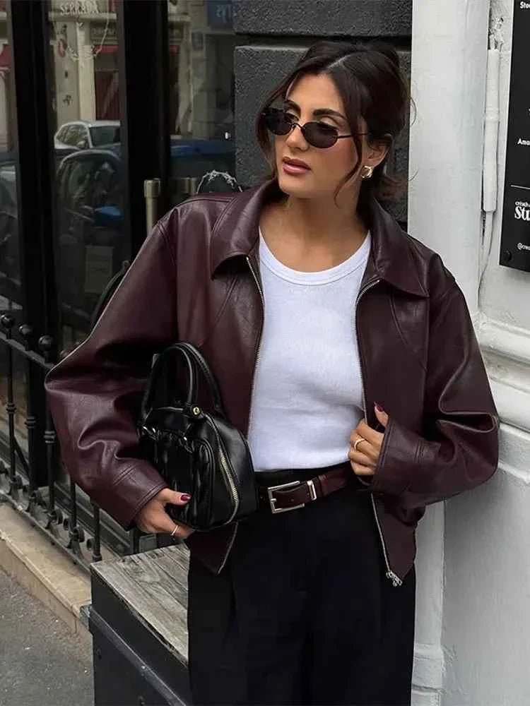 Retro Wine Red Pu Leather Short Jacket Women