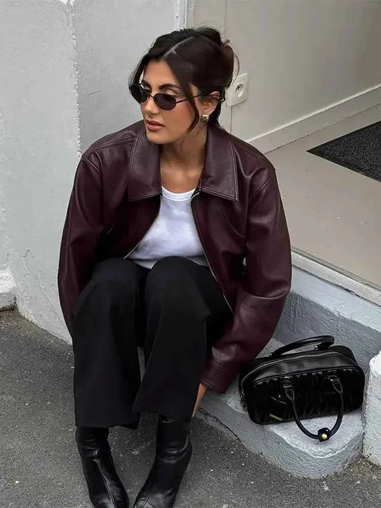 Retro Wine Red Pu Leather Short Jacket Women