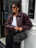 Retro Wine Red Pu Leather Short Jacket Women