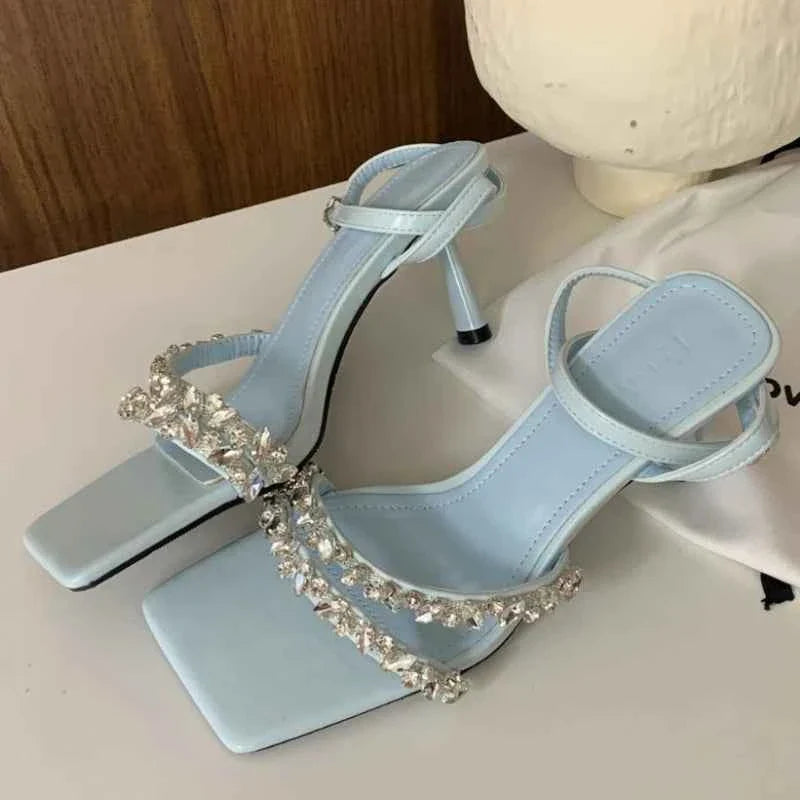 Rhinestone Ankle Strap Women Sandals High Quality Square Toe