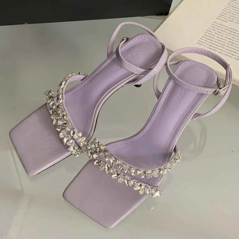 Rhinestone Ankle Strap Women Sandals High Quality Square Toe