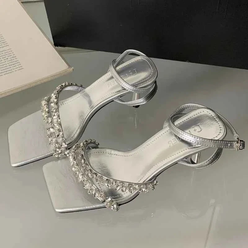Rhinestone Ankle Strap Women Sandals High Quality Square Toe