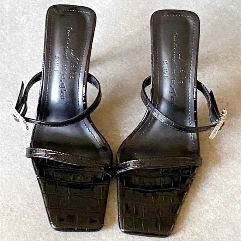 Rhinestone Buckle Women Sandals Square Toe