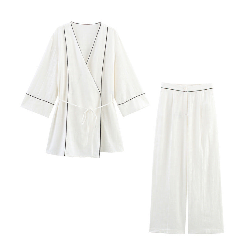 Rolled Double Breasted Coat Wide Leg Pants - Other