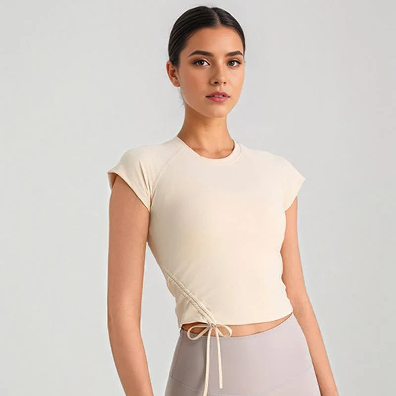 Round Neck Fitnes Yoga Top Breathable Quick Drying Running T-shirt - Beige / 2XL