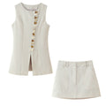 Round Neck Multi-breasted Vest Top Pocket Decoration High Waist Skirt - Other