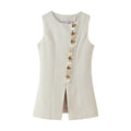 Round Neck Multi-breasted Vest Top Pocket Decoration High Waist Skirt - Other