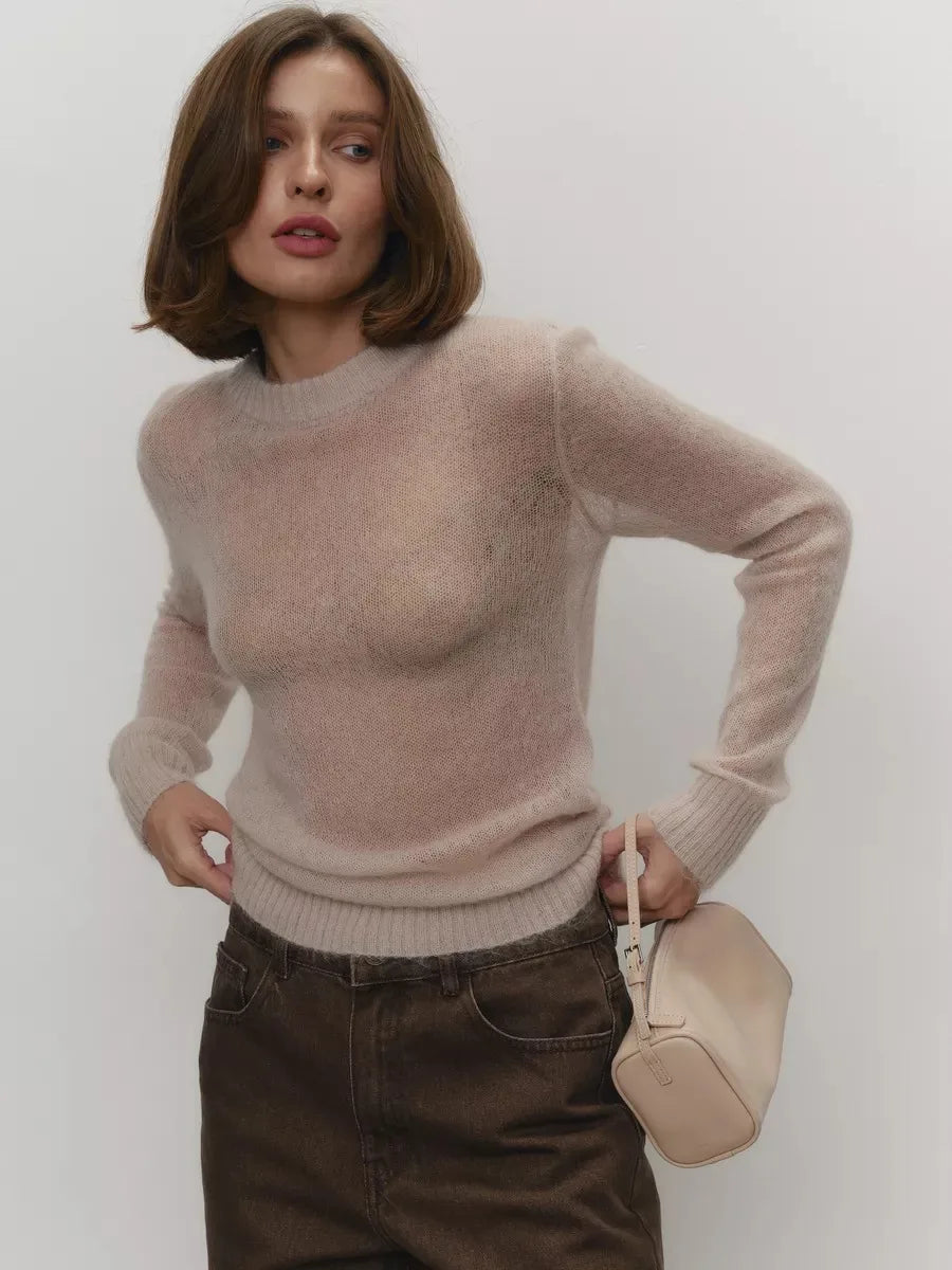 Round Neck Pullover Sweater For Women - Khaki / L
