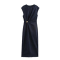Round Neck Sleeveless Gold Inlaid Back Slit Denim Dress - Picture Color / L - Other