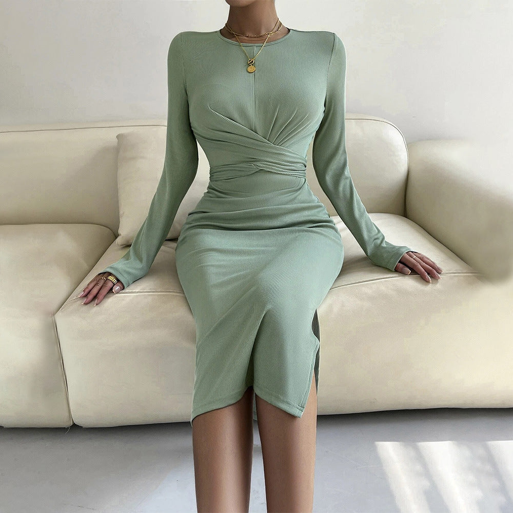 Round Neck Slim-fit Sheath Long Sleeve Dress - Other