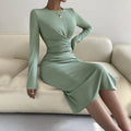 Round Neck Slim-fit Sheath Long Sleeve Dress - Other