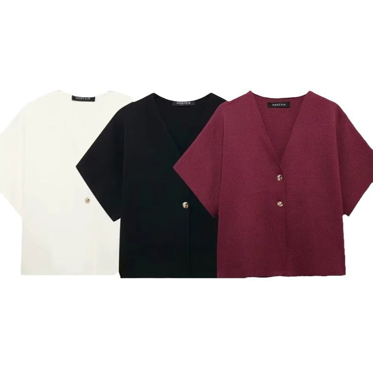 Round Neck Striped Slit Short Sleeve Top - Other