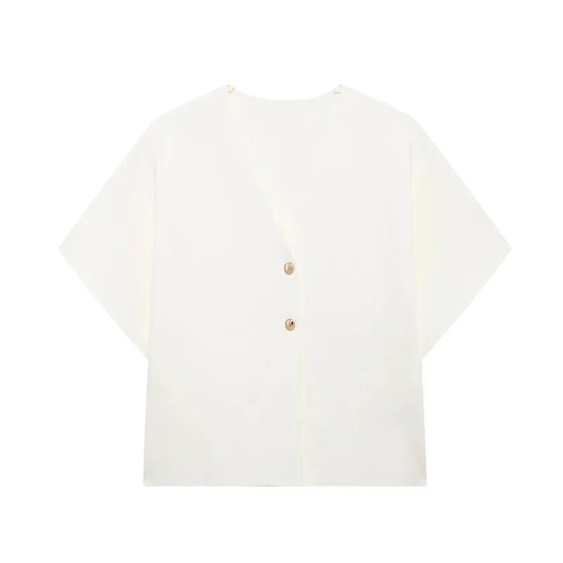 Round Neck Striped Slit Short Sleeve Top - White / L - Other