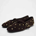 Round Toe Women Shoes Brown Faux Suede Metal Belt Non-slip