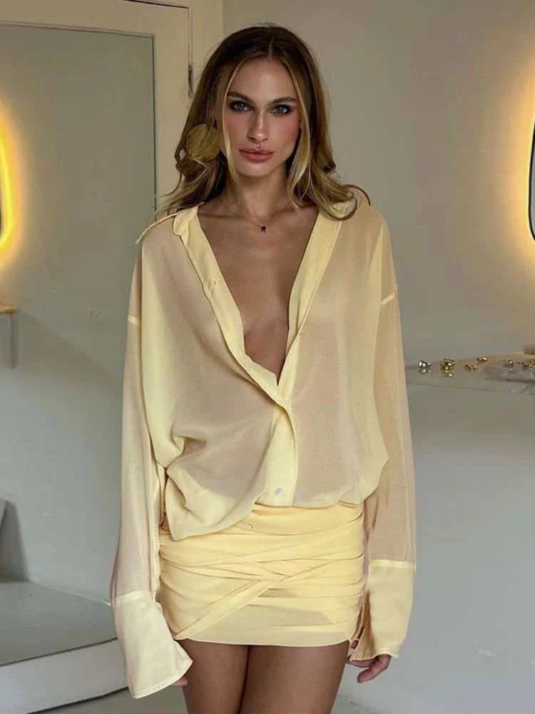 Ruched See Through Dress Women Patchwork Single-Breasted - Other