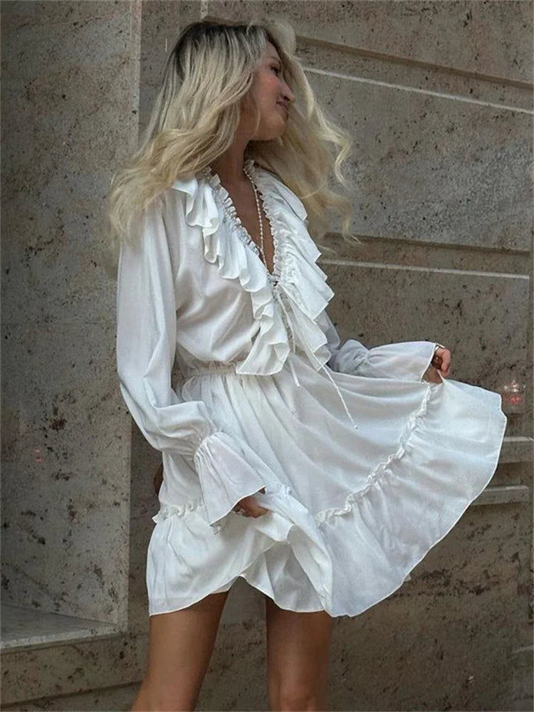 Ruffled V-Neck White Mini Dress - Other