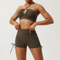 Olive green halter neck yoga set with ruched top and drawstring shorts